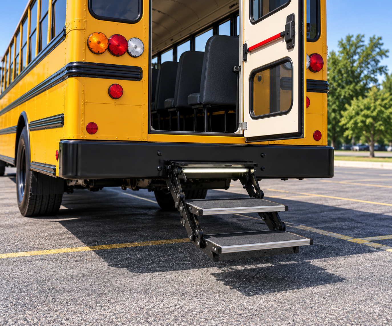 Illustration of a yellow school bus with its rear emergency door open and evacuation stairs deployed beneath the rear bumper.